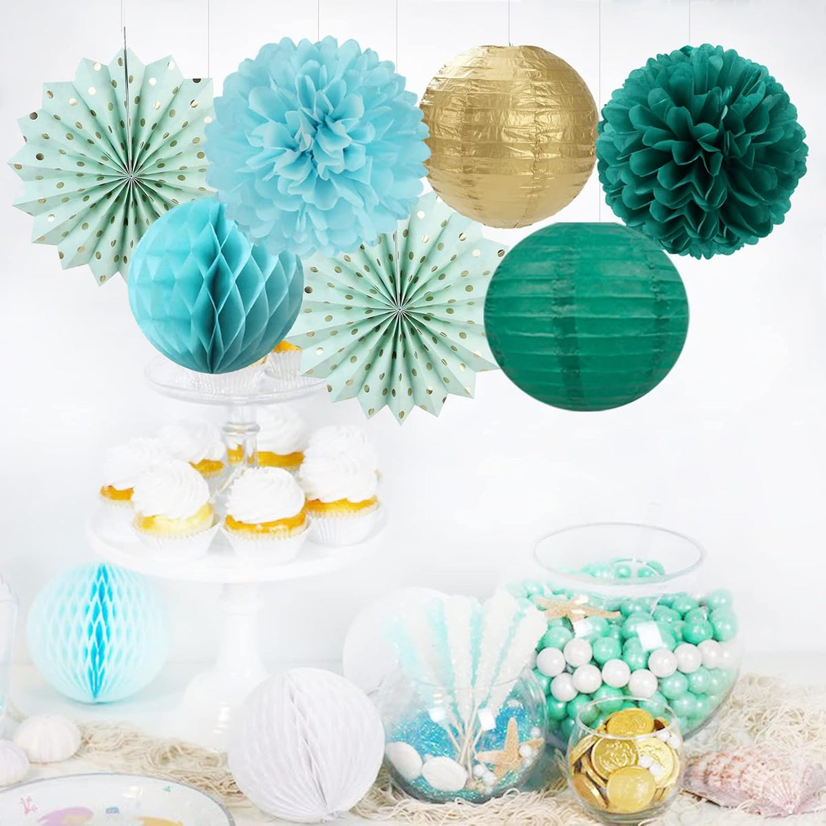 Sage-Green Teal-Blue Party-Decorations Streamers Lanterns - 14pcs Rustic Wedding Baby Shower Paper