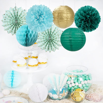 Sage-Green Teal-Blue Party-Decorations Streamers Lanterns - 14pcs Rustic Wedding Baby Shower Paper