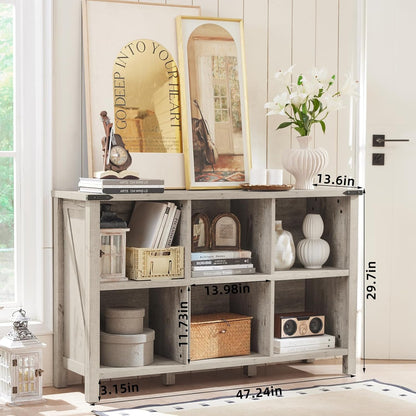 Farmhouse 6 Cube Bookshelf, Rustic Grey Oak Wooden Storage Organizer Book Shelf, 47 Inch Cubby