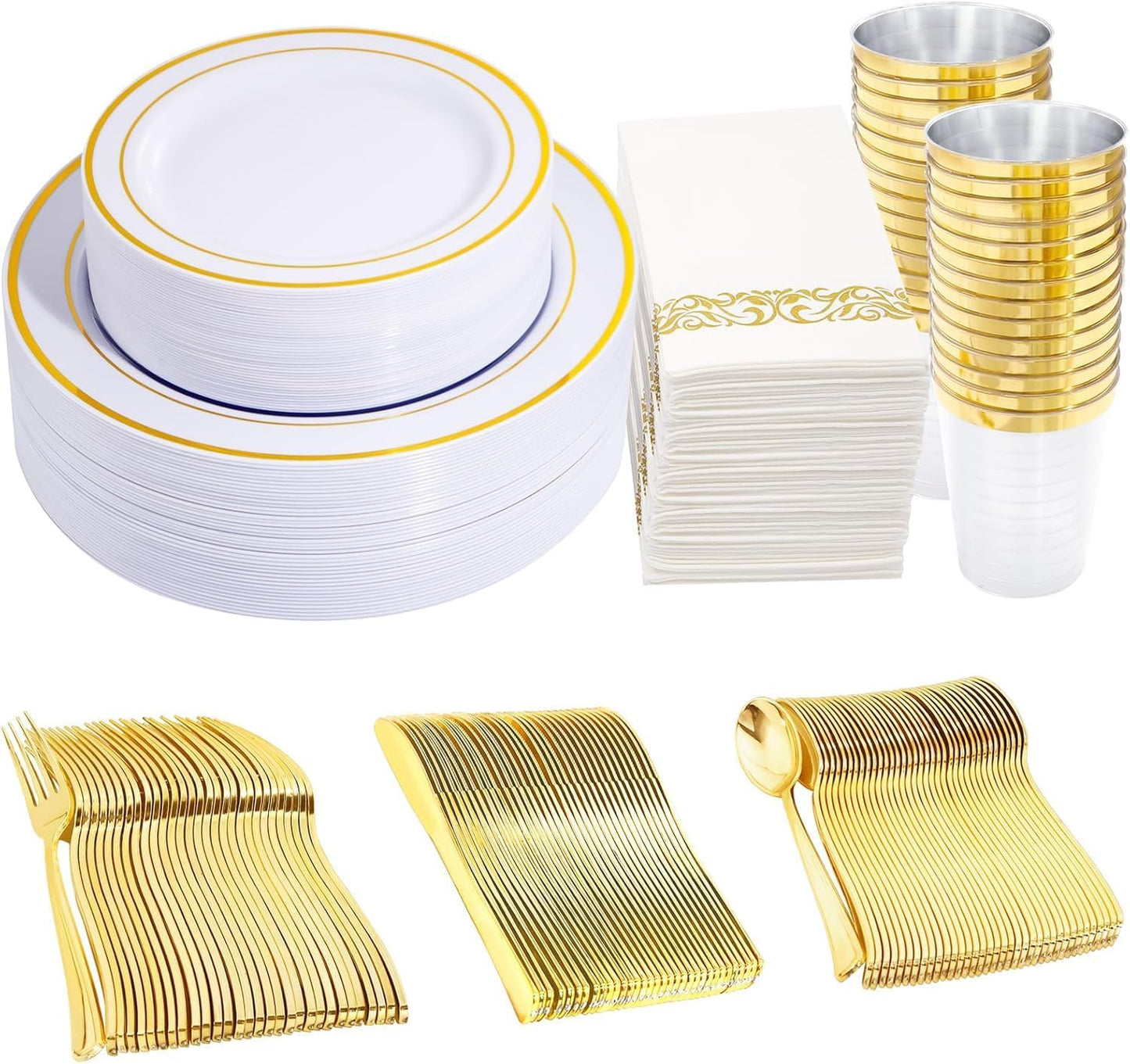 350 Pieces White and Gold Plastic Plates - 50 Guest Thanksgiving Dinnerware Set Include 100 Plates