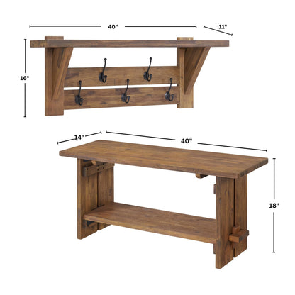 Alaterre Bethel Rustic Solid Wood Bench & Wall Mounted Coat Rack, Natural