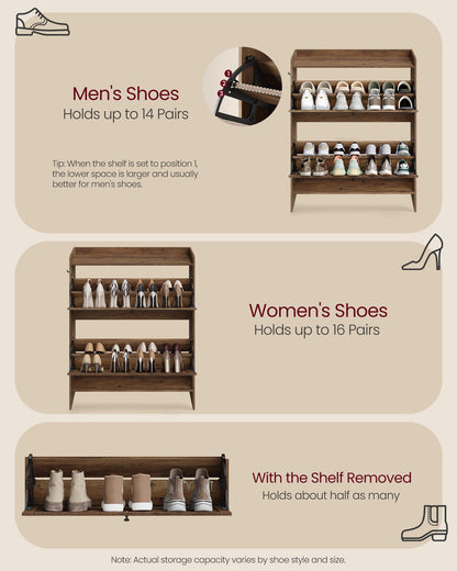 VASAGLE Shoe Storage Cabinet Organizer with 2 Flip Drawers, Freestanding Narrow Shoe Rack Cabinet