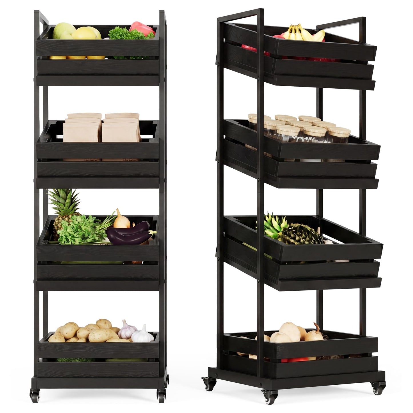 LITTLE TREE 4-Tier Basket Stand with Locked Wheels, Mobile Fruit and Vegetable Storage, Floor Stand