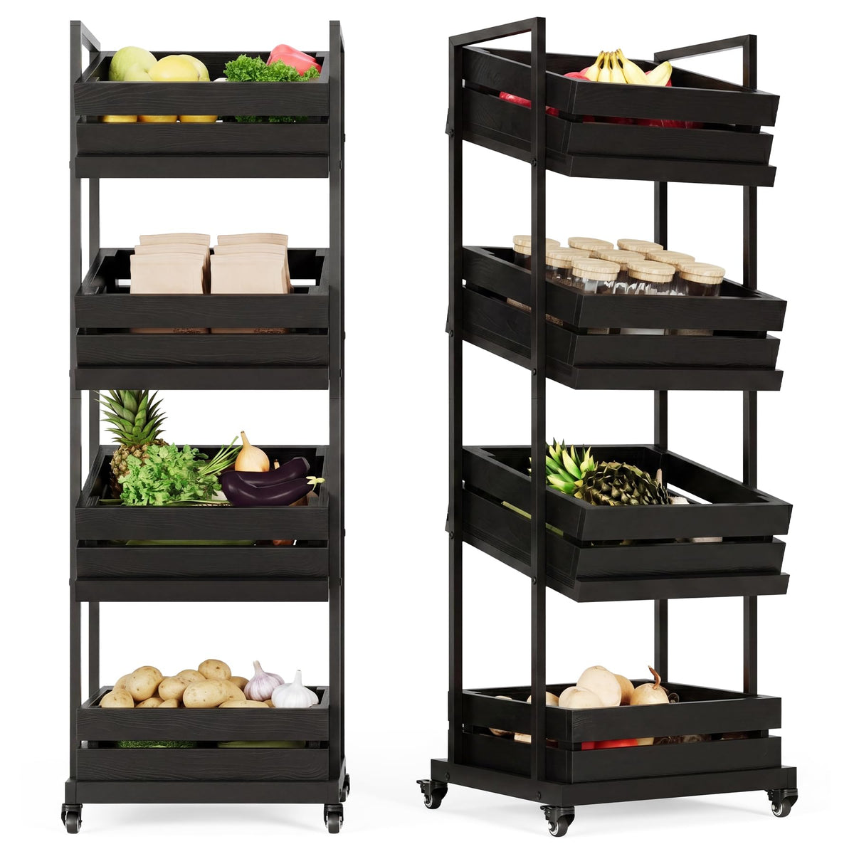 LITTLE TREE 4-Tier Basket Stand with Locked Wheels, Mobile Fruit and Vegetable Storage, Floor Stand
