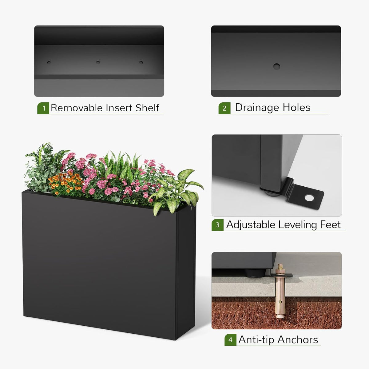 Stoog 38" Metal Tall Rectangular Planter - All-Weather Planter Box for Indoor/Outdoor Use, with