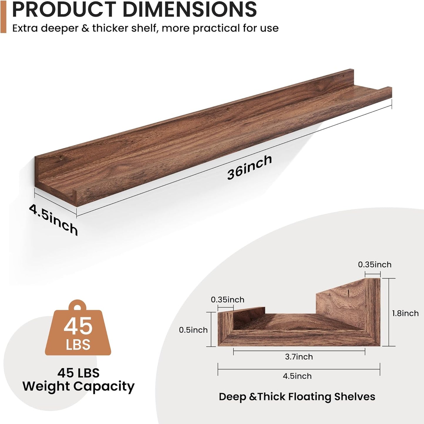 Fun Memories Picture Ledge Shelves Set of 2, 36 Inch Rustic Wall Mounted Floating Shelves with Lip