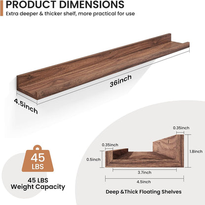 Fun Memories Picture Ledge Shelves Set of 2, 36 Inch Rustic Wall Mounted Floating Shelves with Lip