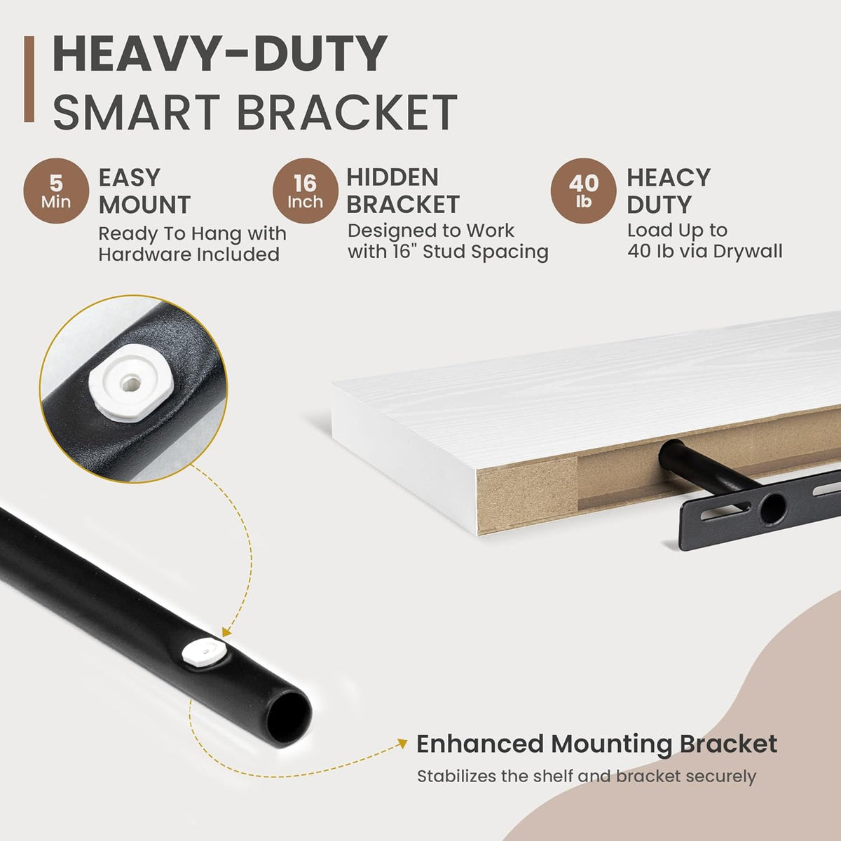 36 Inch Floating Shelves, 8 Inch Deep Floating Shelves for Wall, Hanging Shelf with Invisible