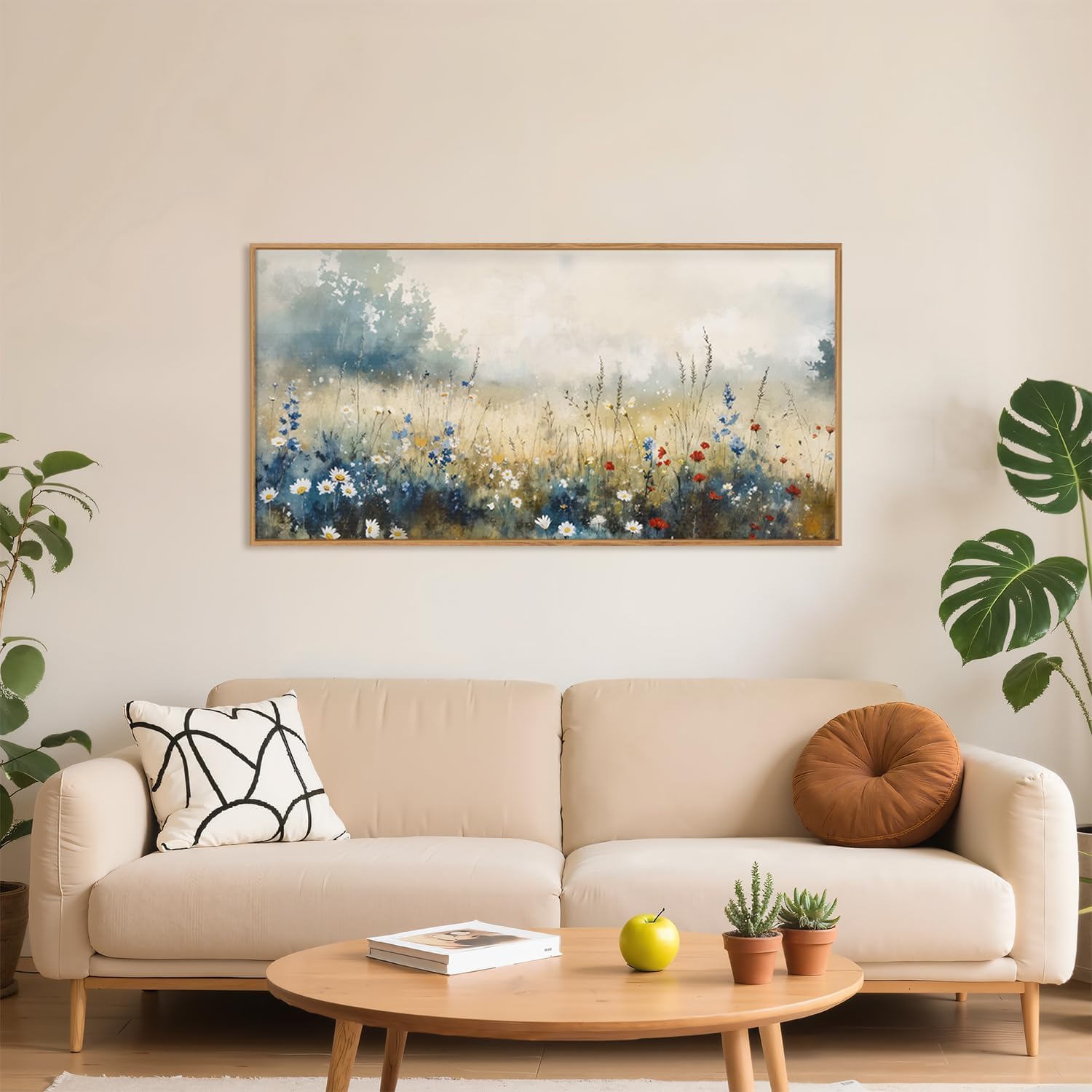 Nature Wildflower Framed Canvas Wall Art Set, Pastoral Landscape Wall Decor, Colorful Meadow Wall
