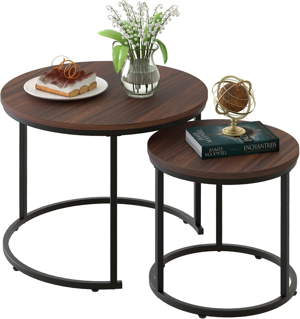 aboxoo Coffee Table Nesting Side Round Set of 2 End Table Top Sturdy Metal Frame Desk Centerpiece