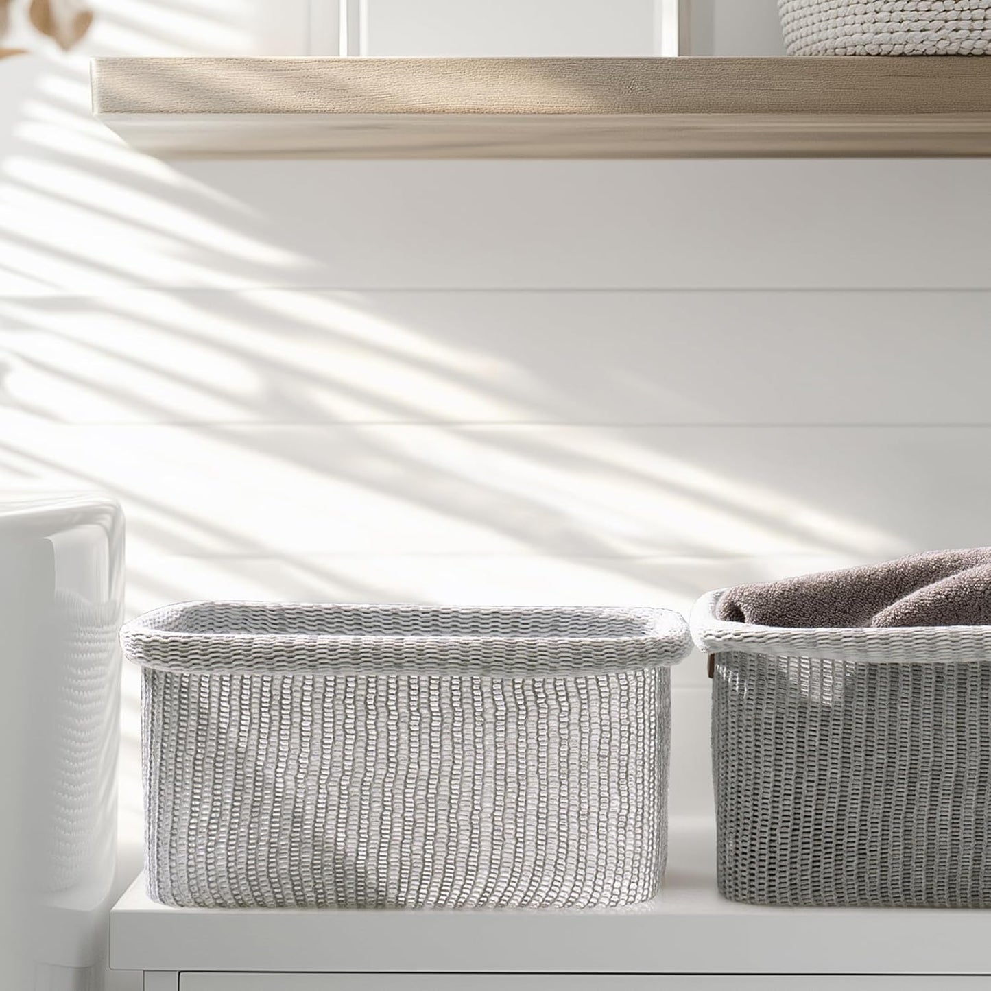 La Jolie Maison Blended Fabric Storage Baskets Set of 2, Rectangle Knitted Baskets for Organizing