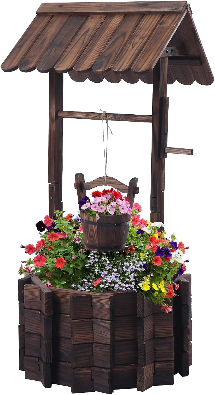 Garden Wooden Decor Rustic Wishing Well Planter Outdoor Home Décor for Patio, Upgrade Wishing Well