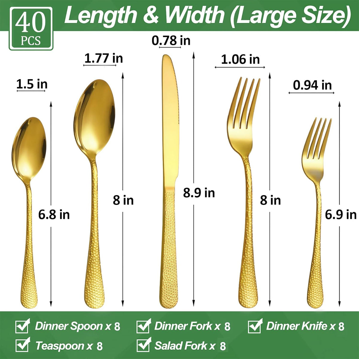 40 Pcs Gold Silverware Set for 8 with Hammered Design, Food Grade Stainless Steel Flatware Set
