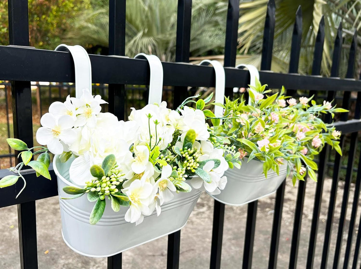 10" Hanging Flower Pots, Pack of 2 White Metal Outdoor Patio Balcony Planter, Railing Planters