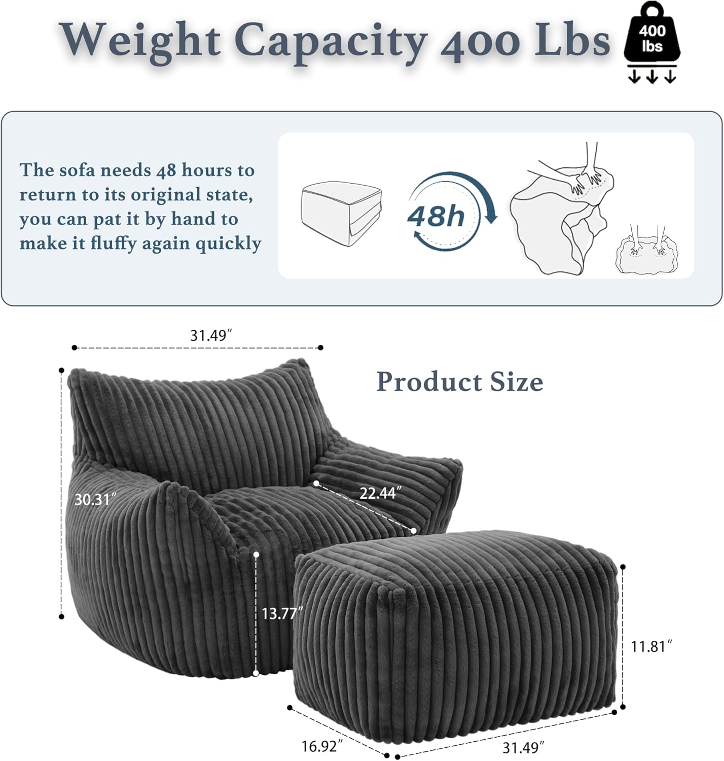 Oversized Bean Bag Chaise Lounge Chair Indoor for Adults with Armrests & Ottoman - Giant Comfy Gray