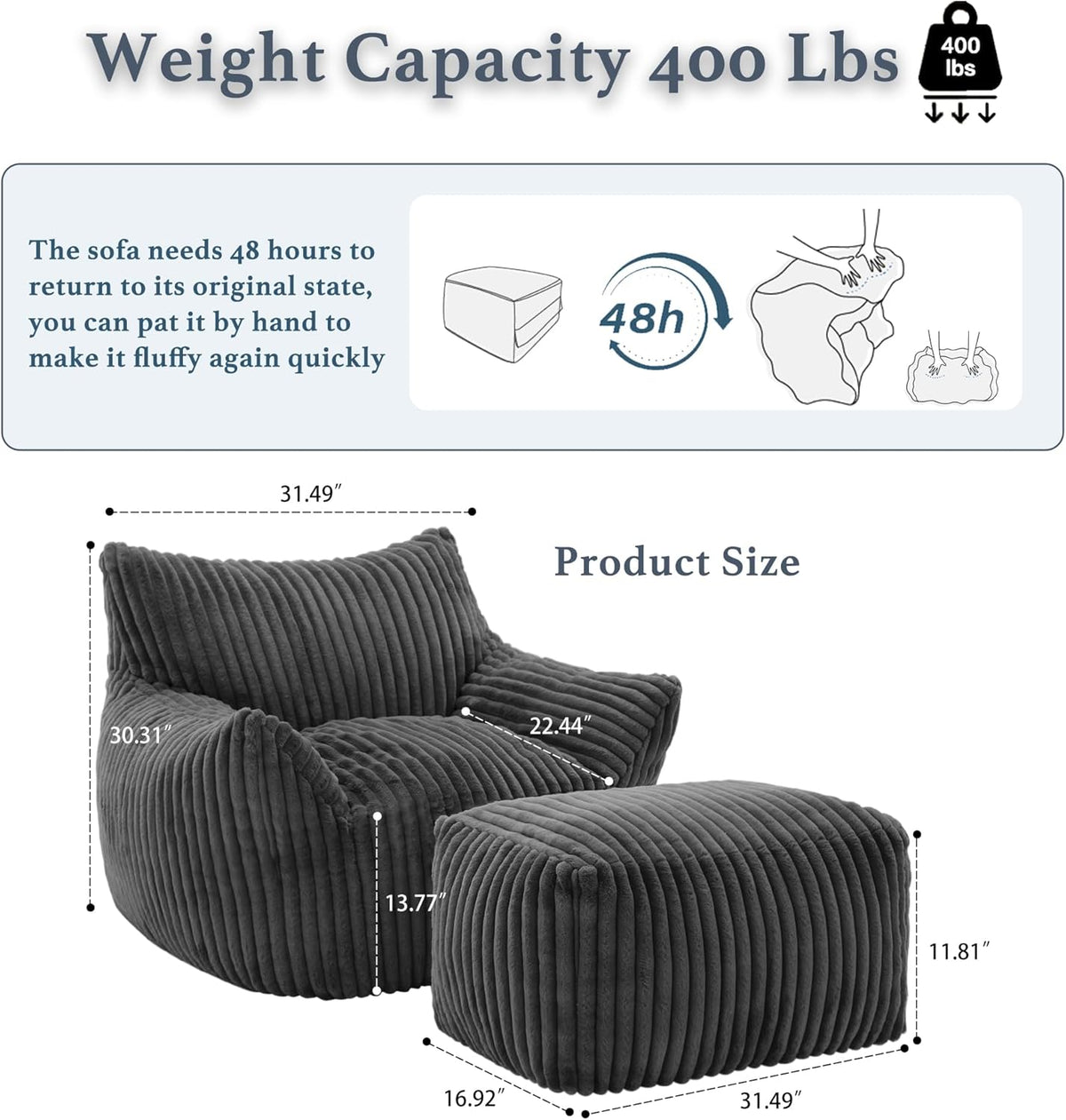 Oversized Bean Bag Chaise Lounge Chair Indoor for Adults with Armrests & Ottoman - Giant Comfy Gray