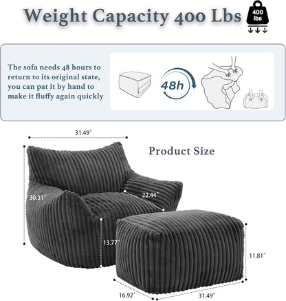 Oversized Bean Bag Chaise Lounge Chair Indoor for Adults with Armrests & Ottoman - Giant Comfy Gray