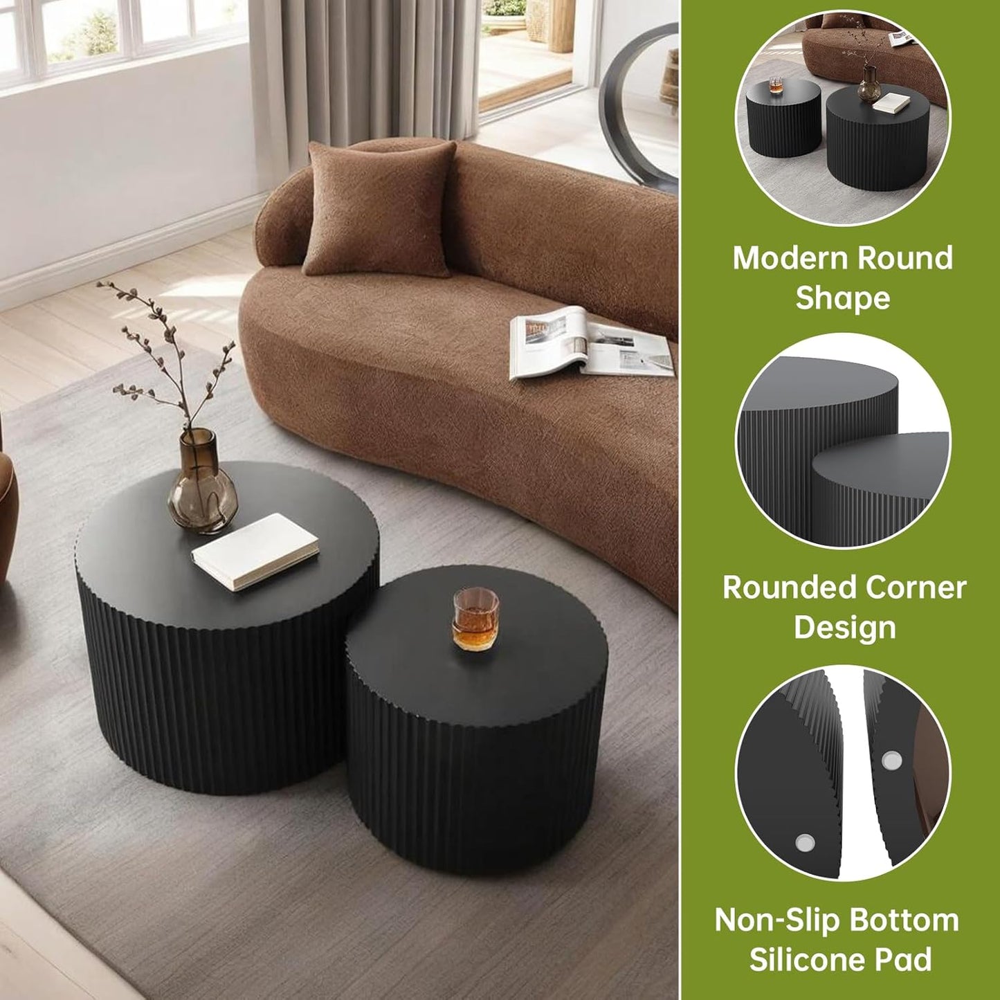 Round Nesting Coffee Table Modern Black Fluted Coffee Table Set of 2 for Living Room Circle Drum