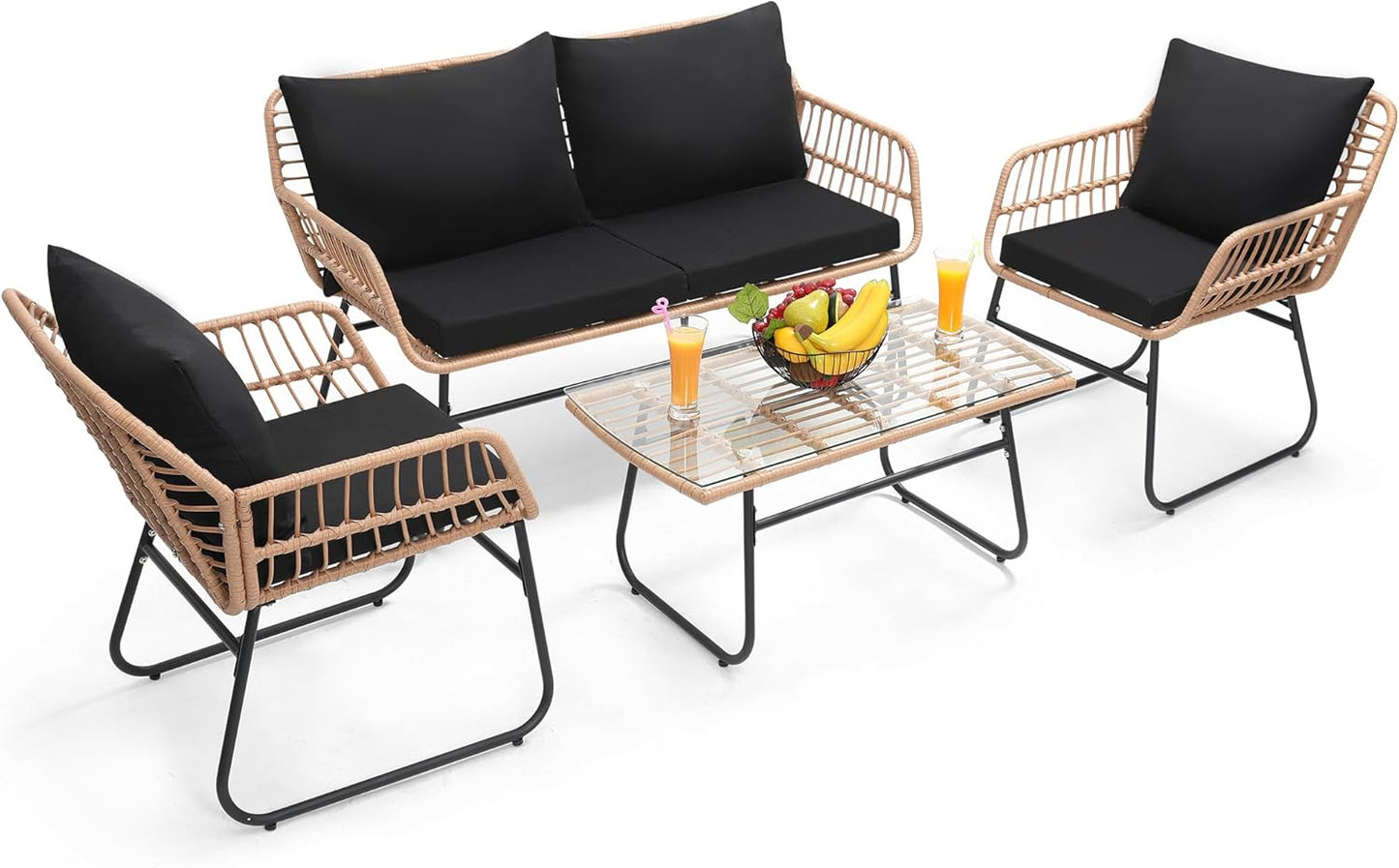 Kromax 4 Piece Patio Bistro Outdoor Furniture Set, Wicker Sofa, 2 Rattan Chairs, and Table