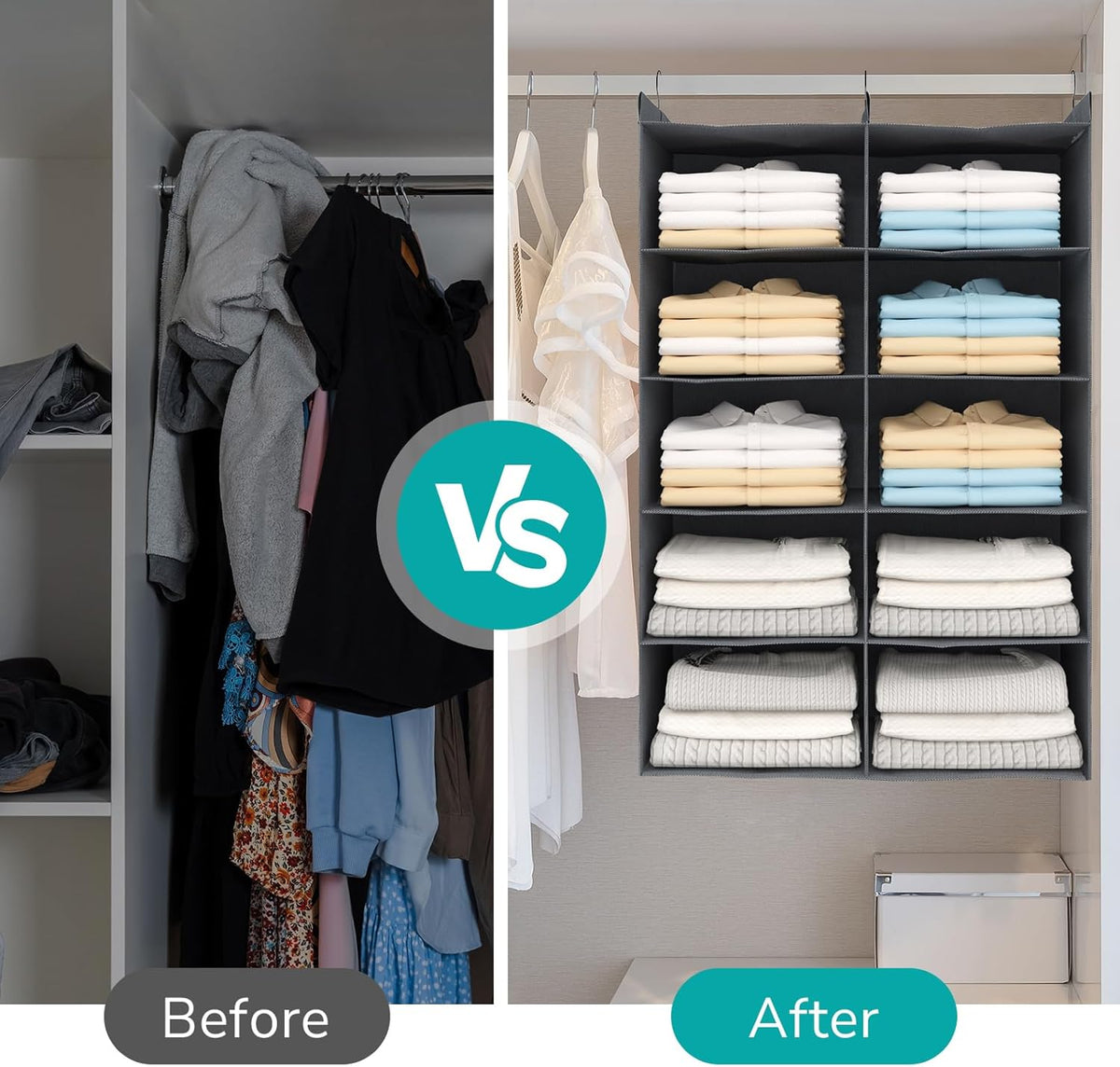 5 Tier Shelf Hanging Closet Organizer, Dual-Row 10 Pocket Cloth Hanging Shelf with 3 Sturdy Hooks