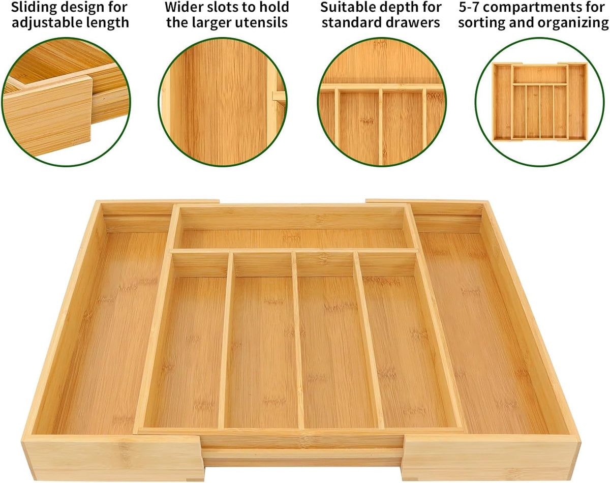 VaeFae Bamboo Drawer Organizer, Expandable Silverware Drawer Organizer, Cutlery Tray with Dividers