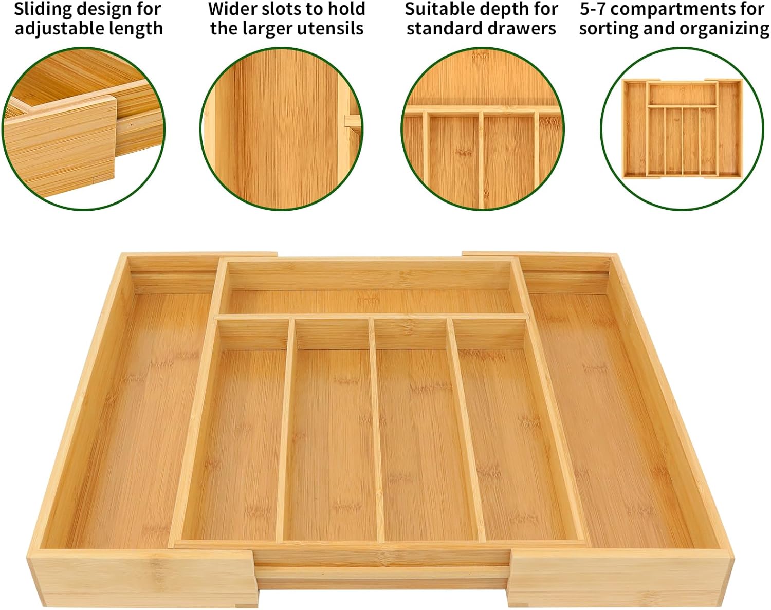 VaeFae Bamboo Drawer Organizer, Expandable Silverware Drawer Organizer, Cutlery Tray with Dividers