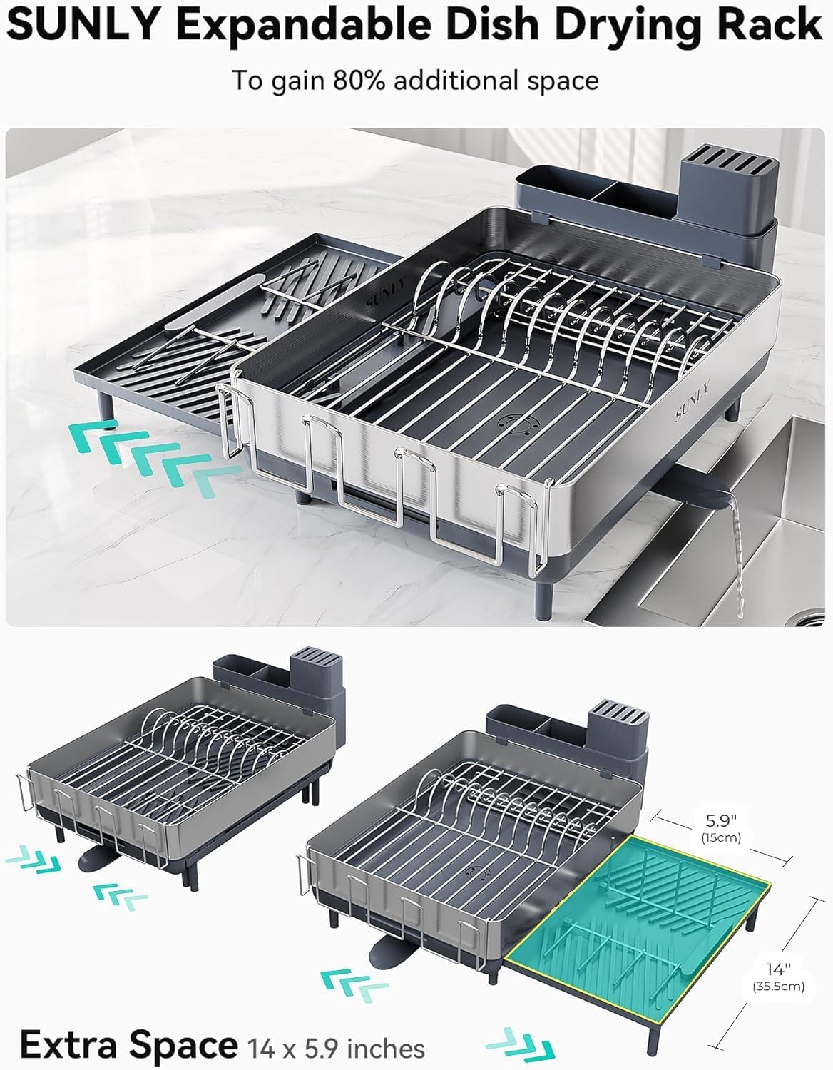 SUNLY Large Dish Drying Rack, Expandable Dish Racks for Kitchen Counter, Space Saving 304 Stainless
