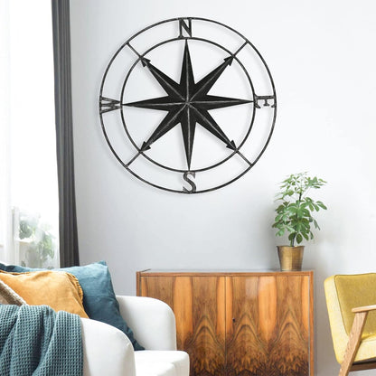 aboxoo Round Metal Compass Decorative Compass Metal Wall Art Hanging Wall Sculpture 22.8 Inch Black
