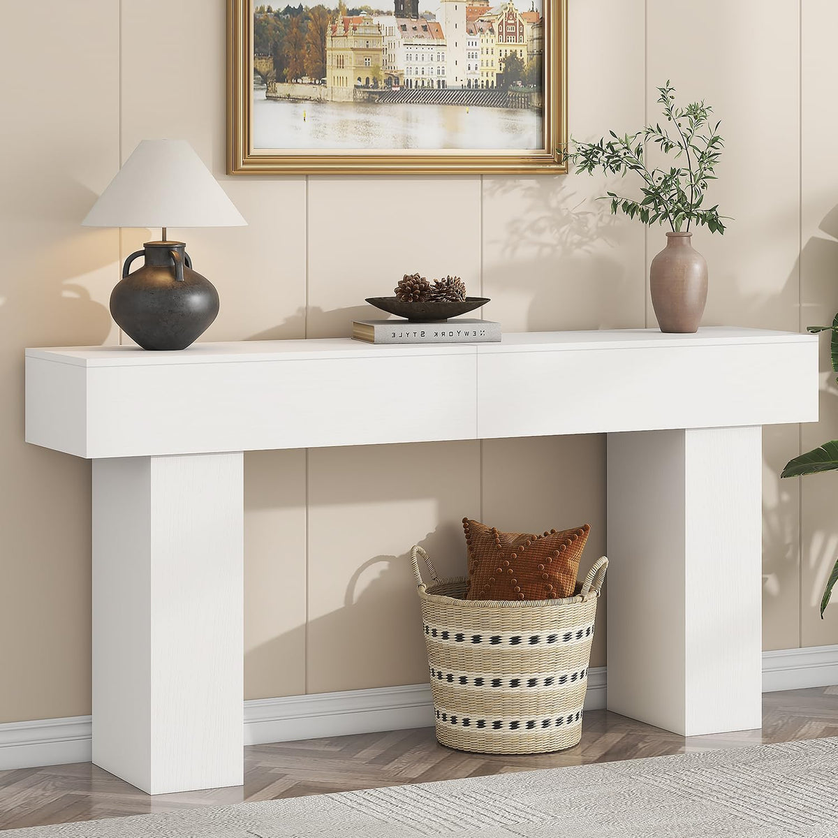 63 Inch Long Console Table for Entryway, Farmhouse Wood Rectangular Sofa Table Behind Couch Table