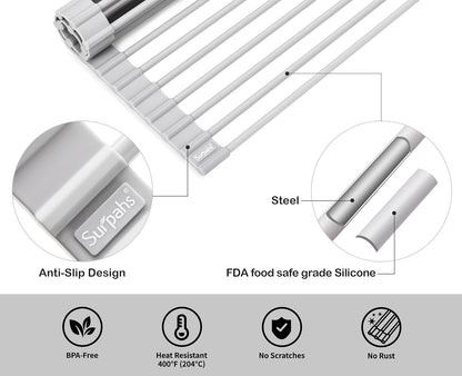 Surpahs Over Sink Foldable Multipurpose Roll-Up Dish Drying Rack, Silicone Wrapped Stainless Steel