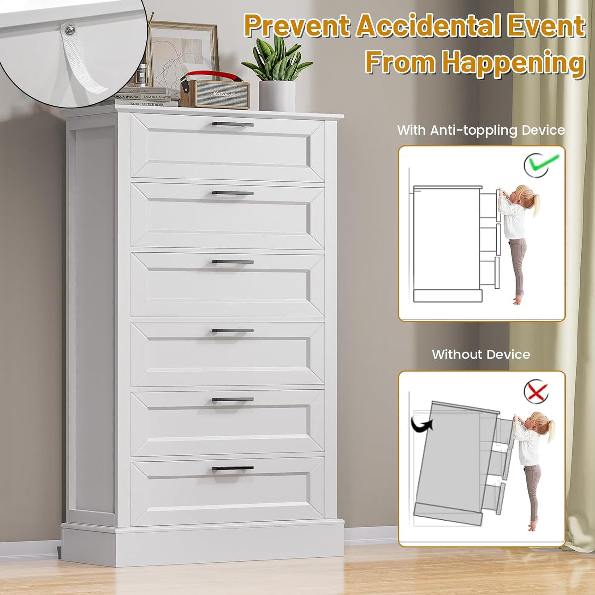 White 6 Drawer Dresser, 55 Inch Tall White Dresser for Bedroom, Modern Farmhouse Style Chest of