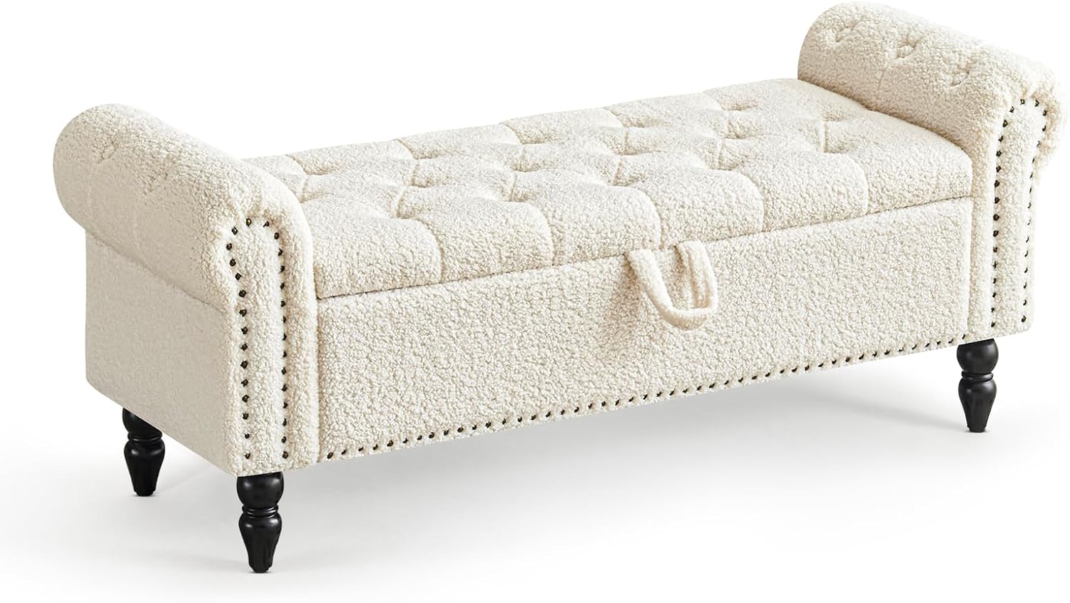Furniliving Modern Storage Ottoman Bench, Sherpa Ottoman End of Bed Bench with Solid Wood Legs
