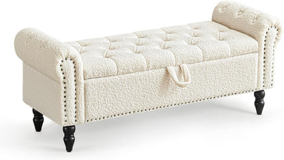 Furniliving Modern Storage Ottoman Bench, Sherpa Ottoman End of Bed Bench with Solid Wood Legs