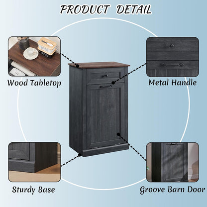 Tilt Out Laundry Hamper Cabinet, 10 Gallon Farmhouse Trash Can Cabinet with Drawer, Hidden Wood