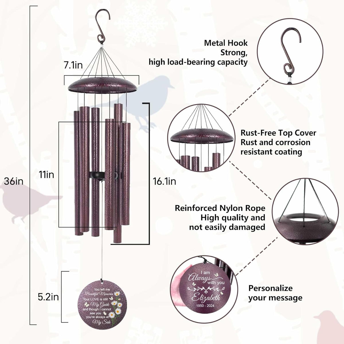 ASTARIN 36" Large Deep Tone Personalized Sympathy Wind Chimes, Memorial Wind Chime for Loss of