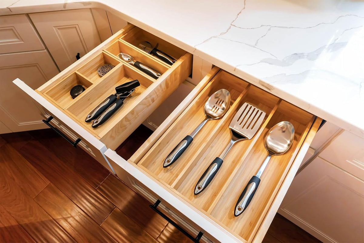 Umilife Bamboo Kitchen Utensils Organizer, Extra High Silverware Drawer Tray, Flatware Cutlery