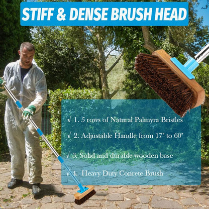Heavy Duty Deck Brush with Long Handle - 60" Floor Scrub Brush with Stiff Natural Palmyra Bristles