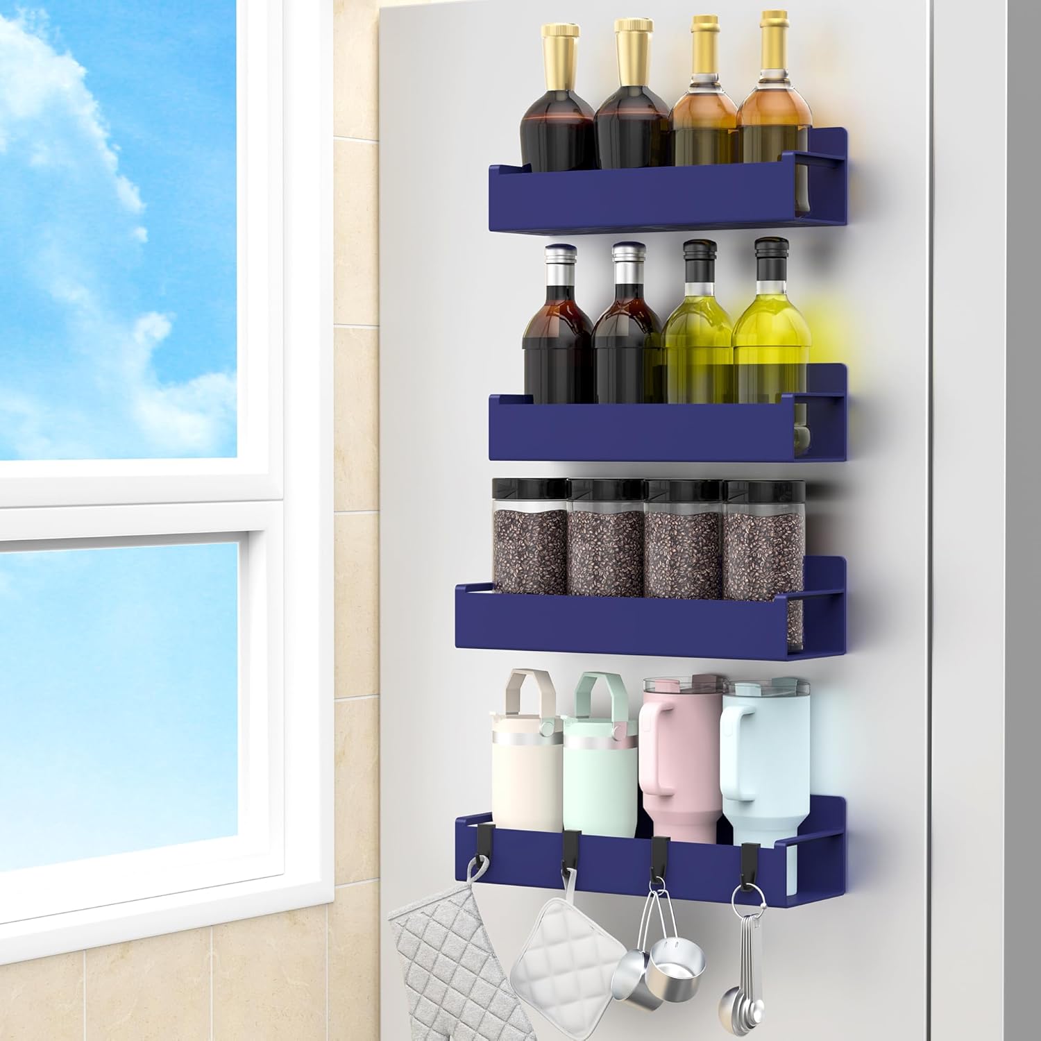 4 Pack Magnetic Spice Rack Organizer for Refrigerator and Oven, Dark Blue Fridge Organizers and