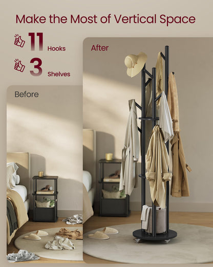 VASAGLE Freestanding Coat Rack Stand, Coat Tree with 11 Hooks, 3 Shelves, 4 Removable 360° Swivel