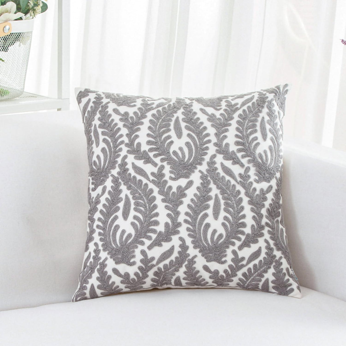 HWY 50 Grey Gray Decorative Throw Pillow Covers 18x18 Inch (1 Piece), Embroidered Cotton Farmhouse