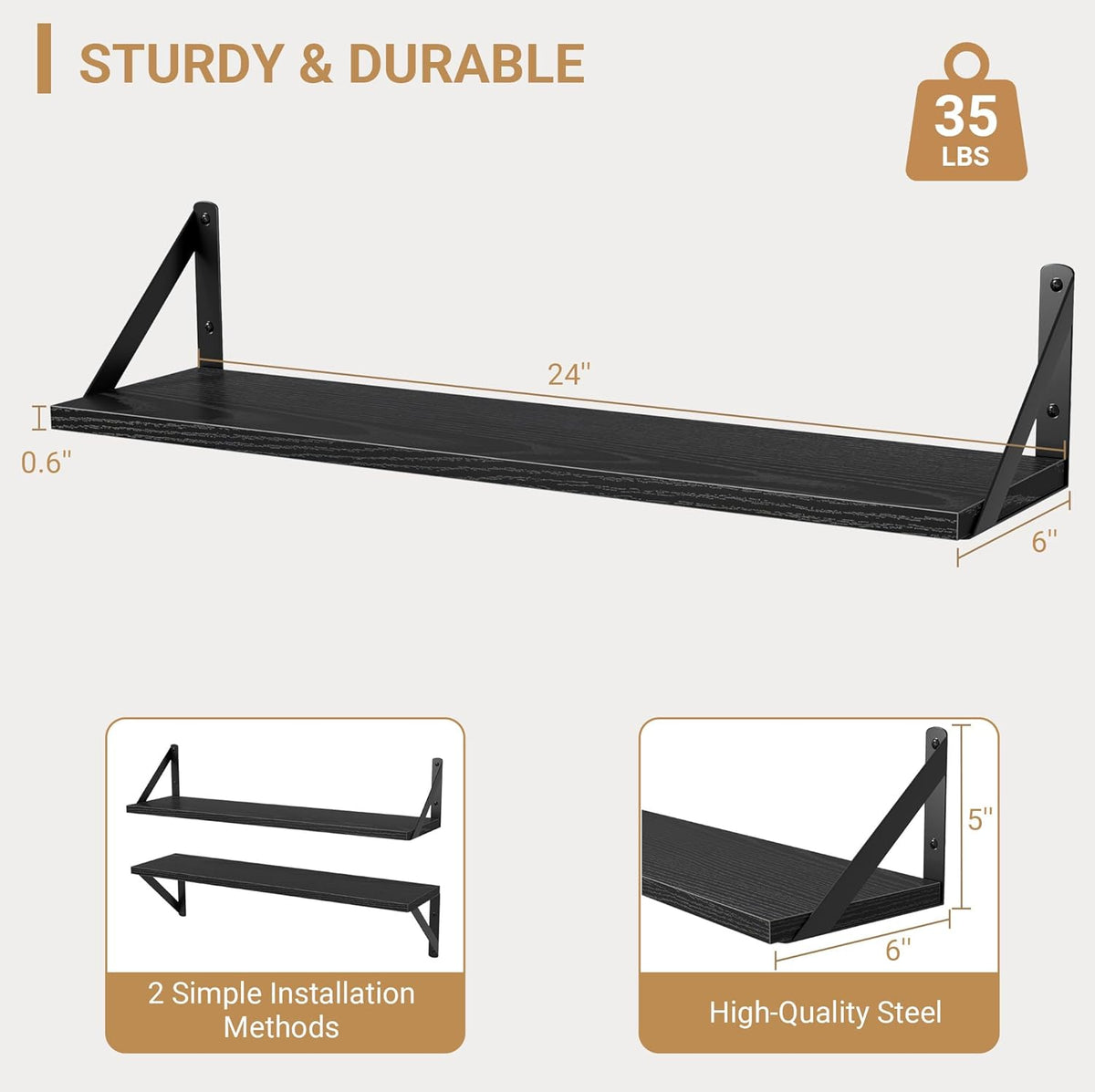 Heimlove Floating Shelves for Wall, 24 Inch Long Wood Floating Shelves Set of 3, Wall Mounted