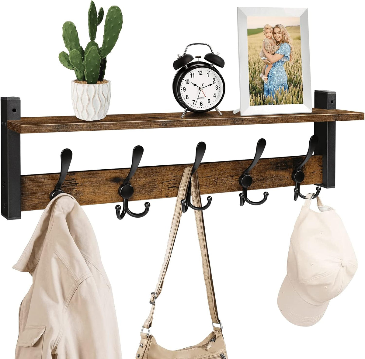 Homode Rustic Brown Wall Mount Coat Rack with Shelf and 5 Tri Hooks, Wood Coat Hangers for Hanging