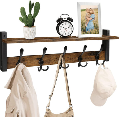 Homode Rustic Brown Wall Mount Coat Rack with Shelf and 5 Tri Hooks, Wood Coat Hangers for Hanging