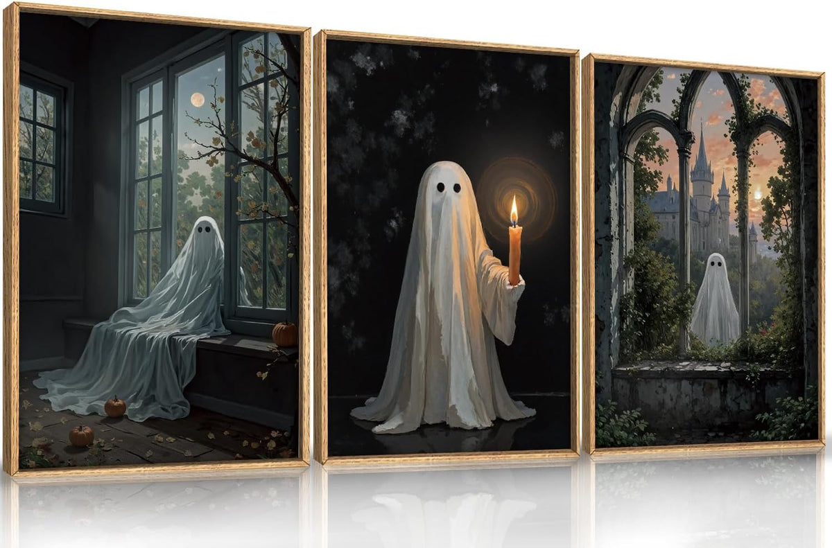 LHIUEM Large Halloween Cute Ghost Framed Canvas Wall Art Set,Vintage Spooky Wall Decor,Retro Dark