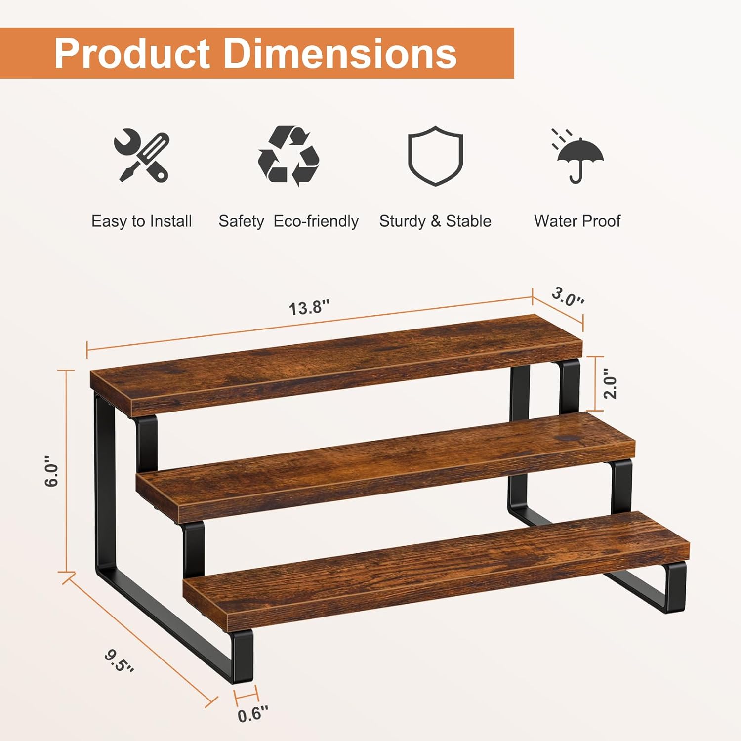 Giikin 3-Tier Spice Rack, 13.8 Inch Wood Countertop Spice Storage Holder, Kitchen Pantry Cabinet