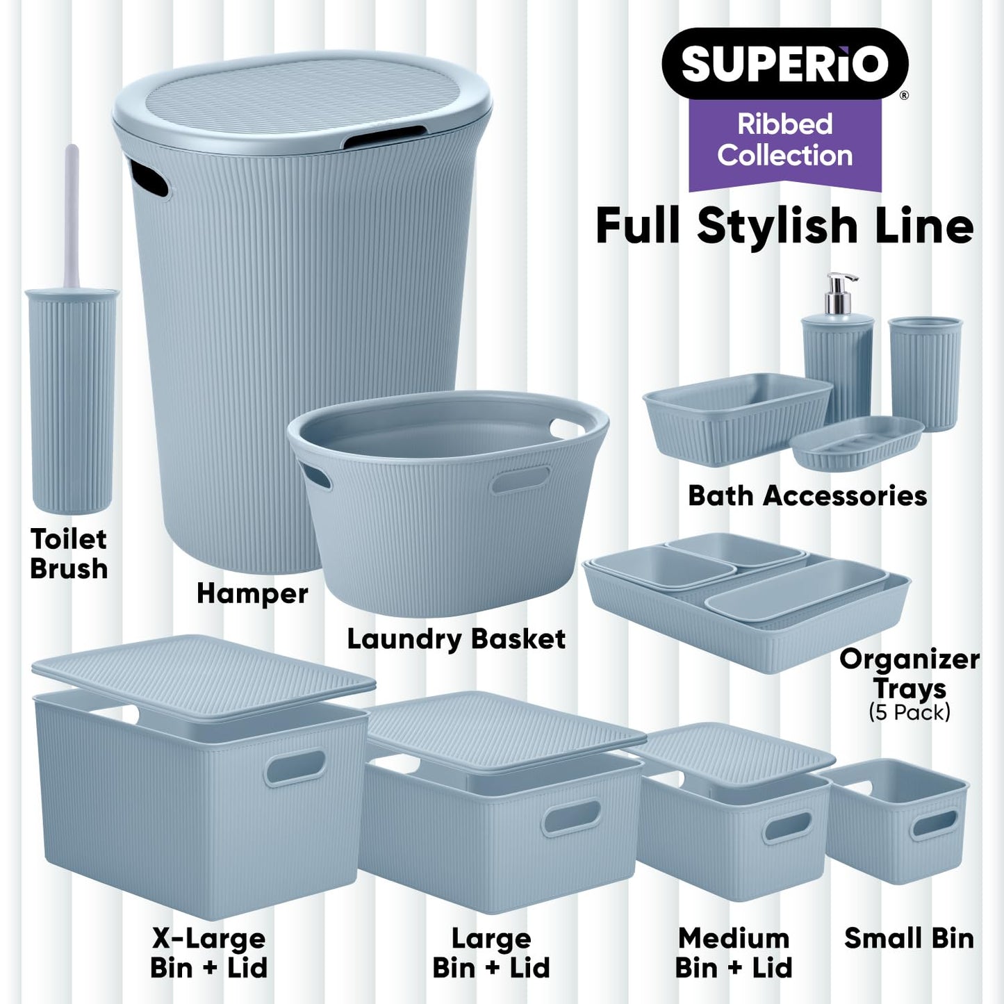 Superio Ribbed Collection - Decorative Plastic Basket Open Home Storage Bins Organizer, Blue (Set