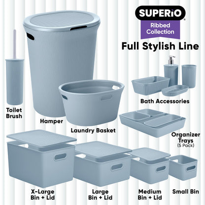 Superio Ribbed Collection - Decorative Plastic Basket Open Home Storage Bins Organizer, Small Blue
