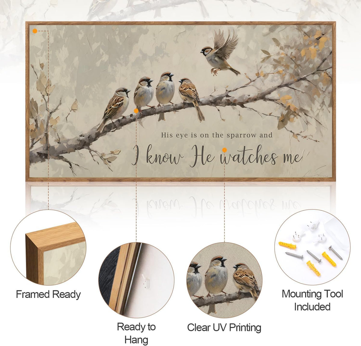 Aurlan His Eye is on the Sparrow Christian Wall Art Framed(40"x20"), Vintage Neutral Birds on Tree