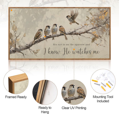 Aurlan His Eye is on the Sparrow Christian Wall Art Framed(40"x20"), Vintage Neutral Birds on Tree