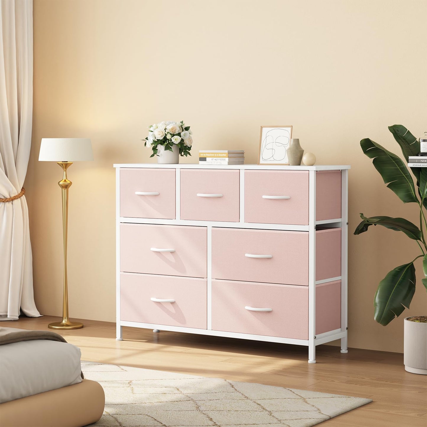 Sweetcrispy 7 Drawer Dresser for Bedroom Storage with Fabric Bins, Pink